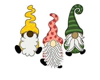 May include: Three gnomes with different colored hats and patterned bodies. The gnome on the left has a yellow hat with a wavy design, the middle gnome has a red hat with a white star pattern, and the gnome on the right has a green hat with white stripes.