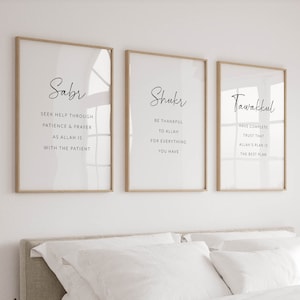 3 Piece Islamic Wall Art, Minimalist Set of 3 Islamic Prints, Muslim Posters, Islamic Gifts, Sabr Shukr Tawakkul Printable Art, Digital Art