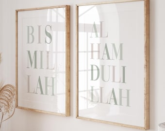 Printable Islamic Wall Art, Set of 2 Islamic Prints Digital Download, Bismillah Alhamdulillah Posters in Sage Green, Muslim Nursery Decor