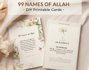 Tarjetas islámicas imprimibles - 99 nombres de Alá (Al-Asma-ul-Husna) / Descargables y DIY / Descarga digital. Aprendizaje islámico, regalos islámicos.