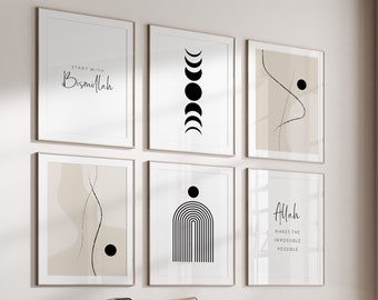 May include: A modern living room featuring a sectional sofa, a coffee table, and an armchair. The walls are adorned with six minimalist black and white prints with Islamic text and geometric shapes. The prints are framed in a simple black frame.