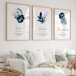 Descarga digital de arte mural islámico, juego de 3 carteles e impresiones musulmanes, regalos islámicos, obra de arte imprimible azul marino Sabr Shukr Tawakkul Flowers