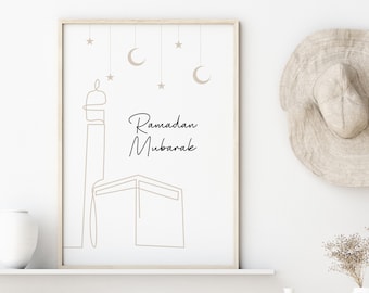 Minimalist Ramadan Mubarak Wall Art, Islamic Wall Art, Ramadan Decoration, One Line Kaaba Digital Art Print, Muslim Printable Wall Art