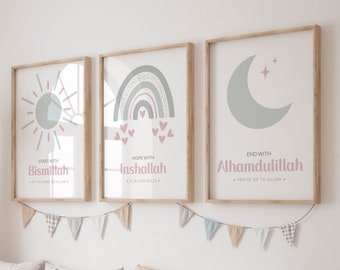 Set of 3 Islamic Wall Art Prints for Children, 3 Piece Muslim Nursery Triptych Pink, Islamic Gifts Kids, Start with Bismillah Posters Trio