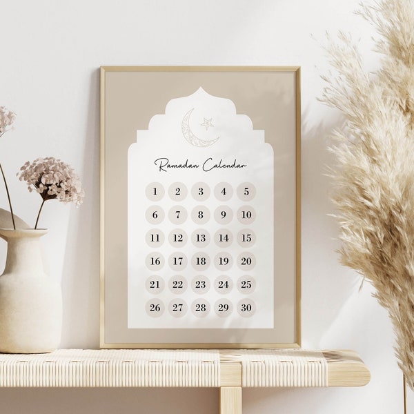 Calendario Ramadan Download digitale Wall Art, Conto alla rovescia Ramadan Planner, Decorazione Ramadan moderna, Grande poster calendario Ramadan islamico