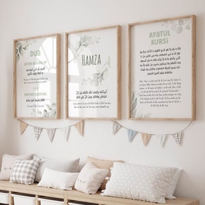 Gepersonaliseerde islamitische muurkunst voor kinderen digitale download, 3-delige groene moslimposters en prenten, islamitische geschenken bescherming Dua Ayatul Kursi