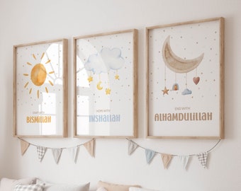 Conjunto de 3 impresiones de arte de pared islámica para niños, tríptico imprimible de guardería musulmana de 3 piezas, regalos islámicos para niños, carteles neutros que comienzan Bismillah