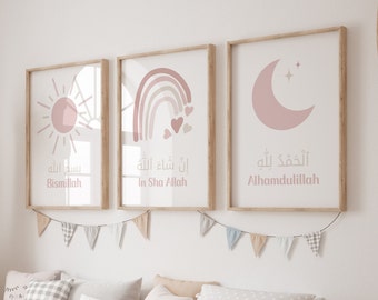 Set of 3 Islamic Wall Art Prints for Children, 3 Piece Muslim Nursery Wall Art Pink, Islamic Gifts for Kids, Boho Islamic Posters Kids Room