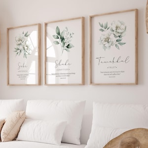 Islamic Wall Art Digital Download, Set of 3 Muslim Posters & Prints, Islamic Gifts, Sage Green Printable Artwork Sabr Shukr Tawakkul Flowers