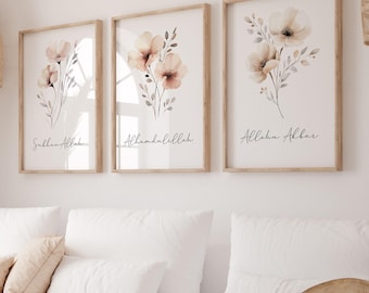 Islamic Wall Art Digital Download, Set of 3 Muslim Posters & Prints, Islamic Gifts, Flower Art for Modern Muslim Home Decor, Alhamdulillah