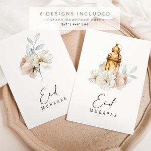 Printable Eid Mubarak Cards Set of 6, Modern Eid Mubarak Decoration DIY, Islamic Digital Download A6, 5x7, 4x6, Minimal Greeting Cards Eid