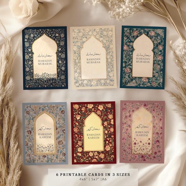 Juego de 6 tarjetas florales de Ramadán (descarga digital), regalos de Ramadán, decoraciones islámicas imprimibles, tarjetas de felicitación musulmanas de tamaño A6, 5x7 y 4x6