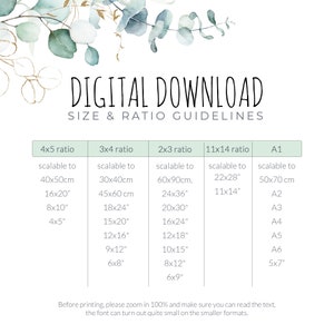 Puede incluir: Un gr&aacute;fico con un fondo verde de hojas que muestra diferentes tama&ntilde;os y proporciones imprimibles para descargas digitales. El gr&aacute;fico incluye los siguientes tama&ntilde;os: 4x5, 3x4, 2x3, 11x14, A1, A2, A3, A4, A5, A6 y 5x7. El gr&aacute;fico tambi&eacute;n incluye las siguientes medidas: 40x50 cm, 16x20", 8x10", 4x5", 30x40 cm, 45x60 cm, 18x24", 15x20", 12x16", 9x12", 6x8", 60x90 cm, 24x36", 20x30", 16x24", 12x18", 10x15", 8x12", 6x9", 22x28", 11x14", 50x70 cm.