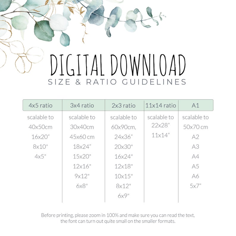 Puede incluir: Un gr&aacute;fico con un fondo verde de hojas que muestra diferentes tama&ntilde;os y proporciones imprimibles para descargas digitales. El gr&aacute;fico incluye los siguientes tama&ntilde;os: 4x5, 3x4, 2x3, 11x14, A1, A2, A3, A4, A5, A6 y 5x7. El gr&aacute;fico tambi&eacute;n incluye las siguientes medidas: 40x50 cm, 16x20", 8x10", 4x5", 30x40 cm, 45x60 cm, 18x24", 15x20", 12x16", 9x12", 6x8", 60x90 cm, 24x36", 20x30", 16x24", 12x18", 10x15", 8x12", 6x9", 22x28", 11x14", 50x70 cm.