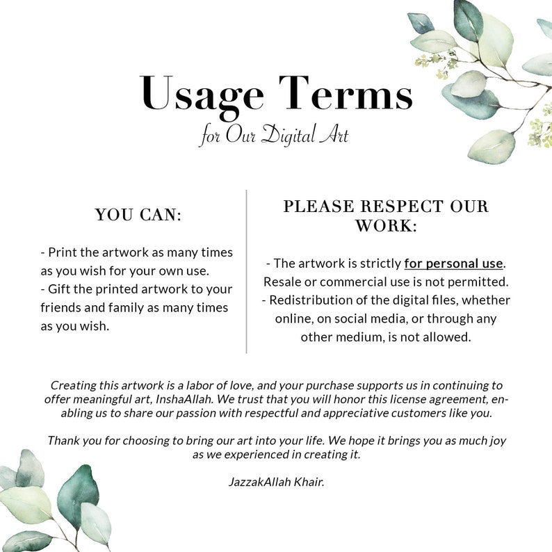 Puede incluir: Un documento de t&eacute;rminos y condiciones de uso para arte digital con un fondo de hojas verdes. El texto establece que la obra de arte es para uso personal &uacute;nicamente y no se puede revender ni redistribuir. El documento tambi&eacute;n establece que la obra de arte es un trabajo de amor y que la compra apoya al artista en la continuaci&oacute;n de ofrecer arte significativo.
