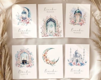 Set of 6 Ramadan Cards - Digital Download, Ramadan Gifts, Printable Islamic Modern Ramadan Decorations,  A6, 5x7, 4x6 Greeting Cards Kaaba