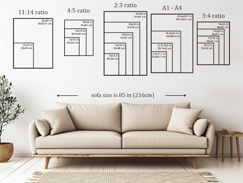 May include: A diagram showing different aspect ratios for artwork, including 11:14, 4:5, 2:3, 3:4, and A1-A4. The diagram also shows the dimensions of each aspect ratio in inches and centimeters. The text "sofa size is 85 in (216cm)" is written below the diagram.