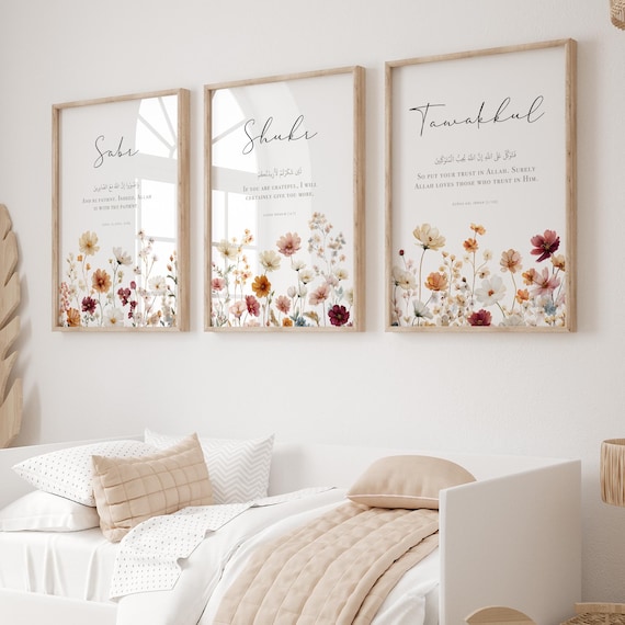 Set of 3 Islamic Digital Art Prints, Islamic Printable Wall Art, Inspirational Muslim Posters, Islamic Gifts Sabr Shukr Tawakkul Quran Verse