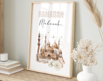 Ramadan Mubarak Wall Art Digital Download, Islamic Printable Poster, Ramadan Decorations, Muslim Home Decor, Mosque Downloadable Print Beige