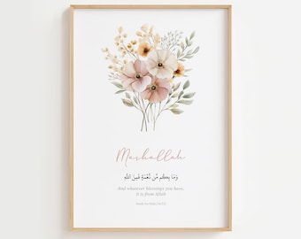 May include: A printable art print with a watercolor floral bouquet in shades of pink and yellow. The print features the Arabic phrase "Mashallah" and the English translation "And whatever blessings you have, it is from Allah."