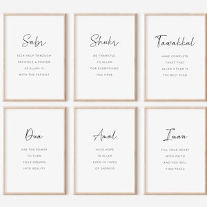 Islamic Printable Wall Art, Set of 6 Islamic Digital Prints, Minimalist Muslim Posters, Islamic Gifts, Sabr Shukr Tawakkul Dua Amal Iman