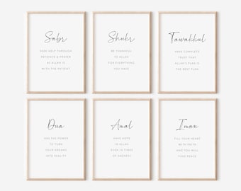 Islamische druckbare Wandkunst, Set mit 6 islamischen Digitaldrucken, minimalistische muslimische Poster, islamische Geschenke, Sabr Shukr Tawakkul Dua Amal Iman
