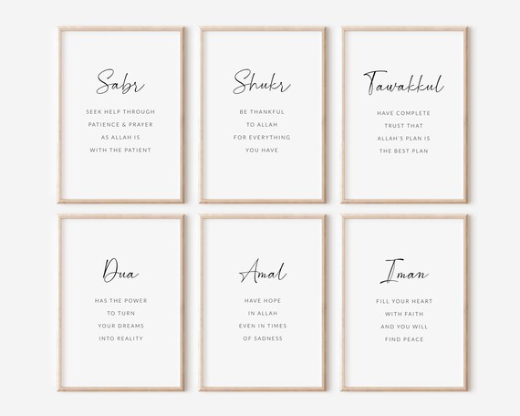 Islamic Printable Wall Art, Set of 6 Islamic Digital Prints, Minimalist Muslim Posters, Islamic Gifts, Sabr Shukr Tawakkul Dua Amal Iman