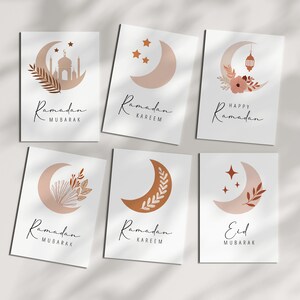 Cartões de Ramadan Mubarak para impressão, Cartões de felicitações islâmicos para download digital, Presentes de Ramadan, Arte islâmica de Ramadan 5 x 7 pol, A6, Boho de lua crescente