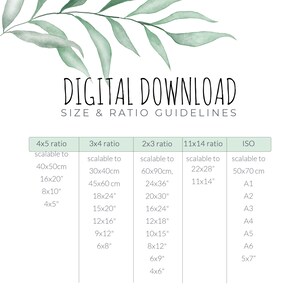 May include: Digital download art print size and ratio guidelines. The image features a white background with green leaf accents. Text includes size ratios such as 4x5, 3x4, 2x3, 11x14, and ISO, with corresponding inch and centimeter measurements.