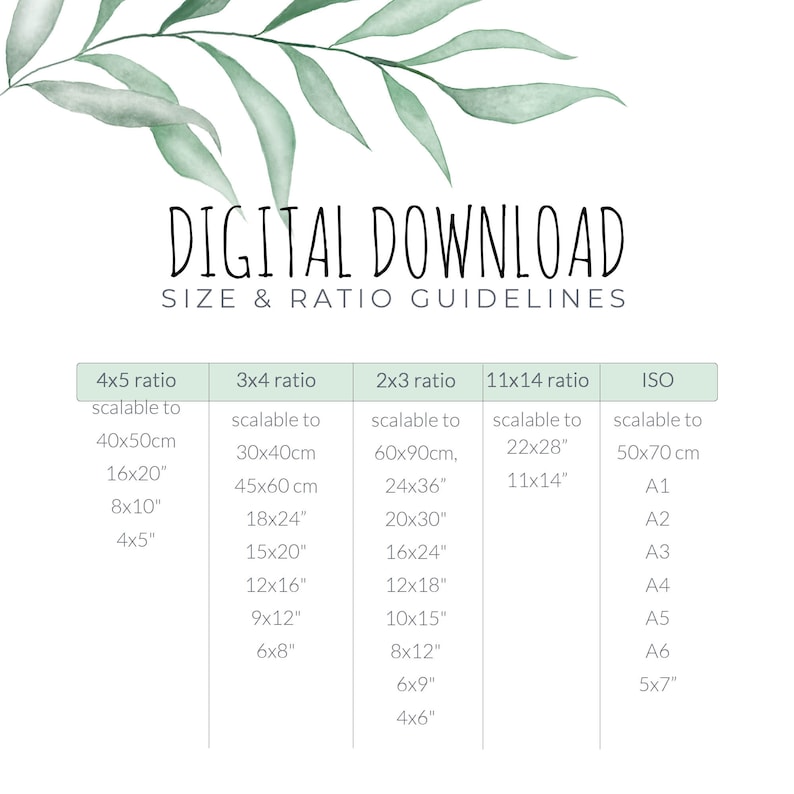 May include: Digital download art print size and ratio guidelines. The image features a white background with green leaf accents. Text includes size ratios such as 4x5, 3x4, 2x3, 11x14, and ISO, with corresponding inch and centimeter measurements.