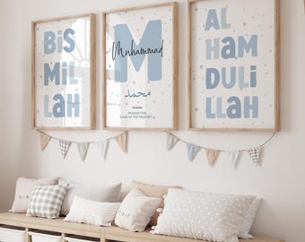 Set of 3 Islamic Wall Art Children DIGIAL DOWNLOAD, Personalised Eid Gifts Kids, Printable Light Blue Muslim Posters for Boy's Room Nursery