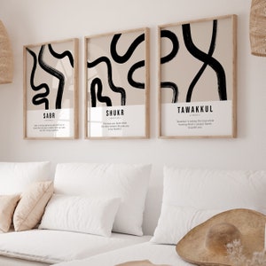 3 Piece Islamic Wall Art Digital Download, Set of 3 Muslim Posters and Prints, Islamic Gifts, Printable Artwork Sabr Shukr Tawakkul Flowers
