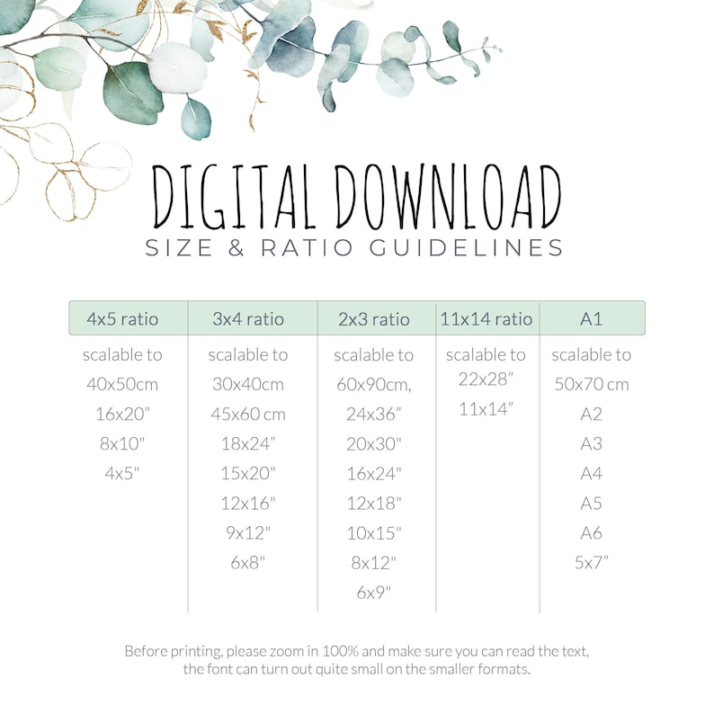 Puede incluir: Un gr&aacute;fico con un fondo verde de hojas que muestra diferentes tama&ntilde;os y proporciones imprimibles para descargas digitales. El gr&aacute;fico incluye los siguientes tama&ntilde;os: 4x5, 3x4, 2x3, 11x14, A1, A2, A3, A4, A5, A6 y 5x7. El gr&aacute;fico tambi&eacute;n incluye las siguientes medidas: 40x50 cm, 16x20", 8x10", 4x5", 30x40 cm, 45x60 cm, 18x24", 15x20", 12x16", 9x12", 6x8", 60x90 cm, 24x36", 20x30", 16x24", 12x18", 10x15", 8x12", 6x9", 22x28", 11x14", 50x70 cm.