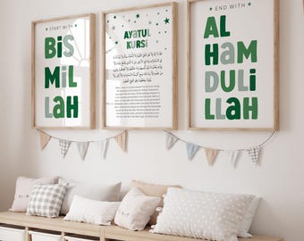 Set of 3 Islamic Wall Art for Children Digital Download, Printable Muslim Nursery Posters, Eid Gifts for Kids, Ayatul Kursi Print Green