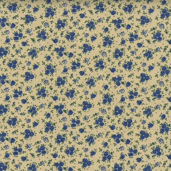 Quilters Calico - Blue Rose Clusters on Tea Stained Background Floral Calico - 100% Quilters Cotton