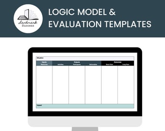 May include: A computer screen displaying a logic model and evaluation template. The template is a table with columns for inputs, activities, outputs, deliverables, short-term outcomes, and long-term outcomes. The template is labeled "Logic Model & Evaluation Templates". The screen is on a white background. Below the screen are three buttons labeled "PDF", "DOC", and "PPT".