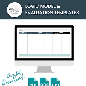 Könnte beinhalten: Ein Computerbildschirm zeigt ein Logikmodell und eine Evaluierungsvorlage an. Die Vorlage ist eine Tabelle mit Spalten für Inputs, Aktivitäten, Outputs, Deliverables, kurzfristige Ergebnisse und langfristige Ergebnisse. Die Vorlage ist mit "Logikmodell & Evaluierungsvorlagen" beschriftet. Der Bildschirm befindet sich auf einem weißen Hintergrund. Unter dem Bildschirm befinden sich drei Schaltflächen mit den Beschriftungen "PDF", "DOC" und "PPT".