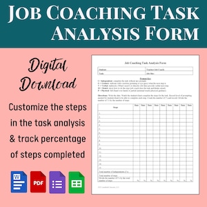 May include: A digital download form for job coaching task analysis. The pink form includes fields for student and teacher information, with sections to customize steps and track percentage completion. Icons for Word, PDF, and other file types are at the bottom.