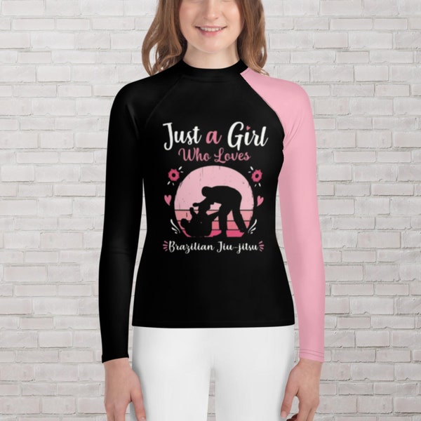 Youth Just A Girl Who Loves BJJ Half Pink Rash Guard