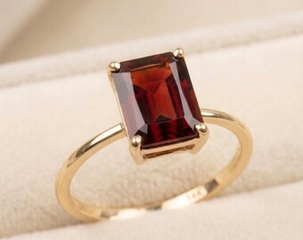 14K Solid Gold Red Garnet Ring, Emerald Cut January Birthstone, Prong Setting