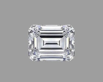 May include: A clear emerald cut diamond gemstone.