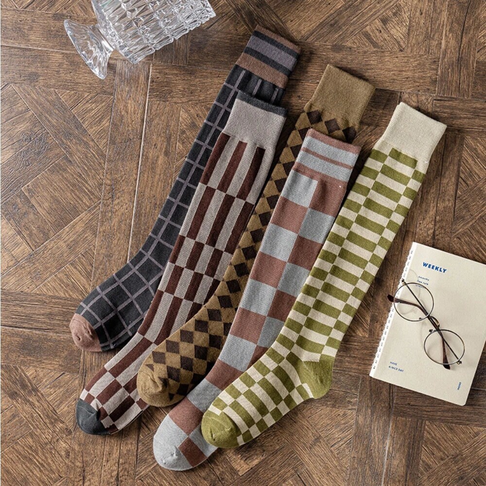 2pairs Women's Brown British Style Plaid College Casual Mid-calf Socks,  Suitable For Daily Wear
