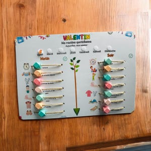 Könnte beinhalten: Ein weißes Brett mit dem Namen Valentin oben. Das Brett ist in zwei Spalten unterteilt, eine für den Morgen und eine für den Abend. Jede Spalte enthält eine Liste von Aktivitäten mit bunten Holzperlen, die an einer Schnur entlang bewegt werden können, um den Abschluss anzuzeigen. Das Brett soll Kindern helfen, die täglichen Abläufe zu lernen.