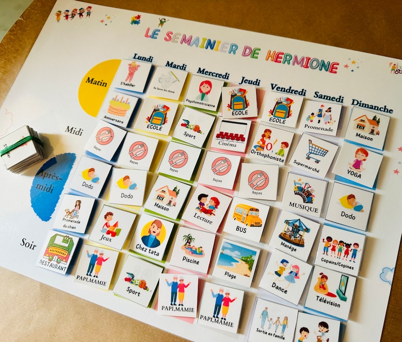 Personalized laminated weekly planner for children in large format with 110 stickers/weekly planner/Montessori children's weekly routines image 3