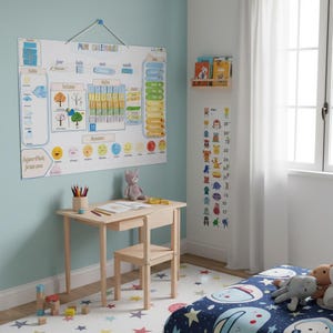 Peut inclure: Un calendrier éducatif mural intitulé Mon Calendrier avec des sections pour les jours, dates, mois, météo et émotions. En dessous se trouvent un bureau et une chaise en bois clair, une peluche, un pot à crayons et une toise verticale.