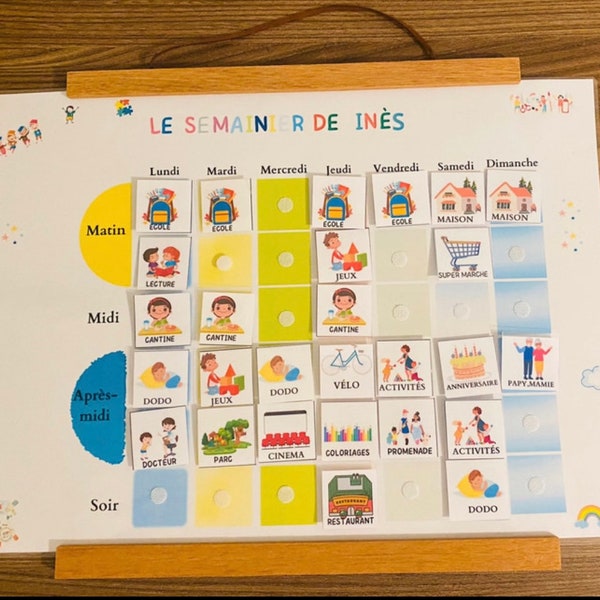 Semainier plastifié personnalisé pour enfant grand format à 110 vignettes/planificateur hebdomadaire/ routines semaine enfant Montessori