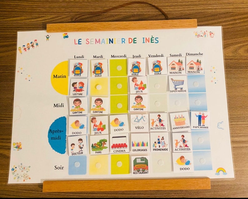 Personalized laminated weekly planner for children in large format with 110 stickers/weekly planner/Montessori children's weekly routines image 1