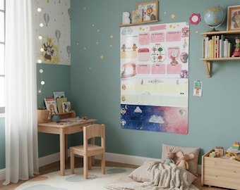 May include: A wall-mounted magnetic weekly planner board featuring a white top section with pink rectangular fields and a bottom section with a blue and pink gradient night sky design, displayed in a room with a wooden desk, chair, and rug.