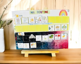 May include: A visual daily routine chart titled MA ROUTINE with morning and evening sections. It features colorful icons and French text labels for tasks like brushing teeth, eating, and sleeping, organized into to-do and completed rows.