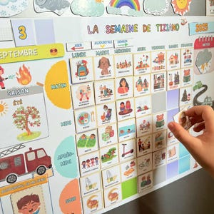 243 Magnets included - NEW - Large personalized A3 magnetic weekly planner - Montessori scalable - Family organization, children&#39;s weekly planner - Back to school decoration